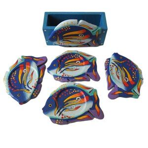 Tiger Lily Island Tropical Fish Coasters Solid Wood Indonesia Hand-painted Set 4